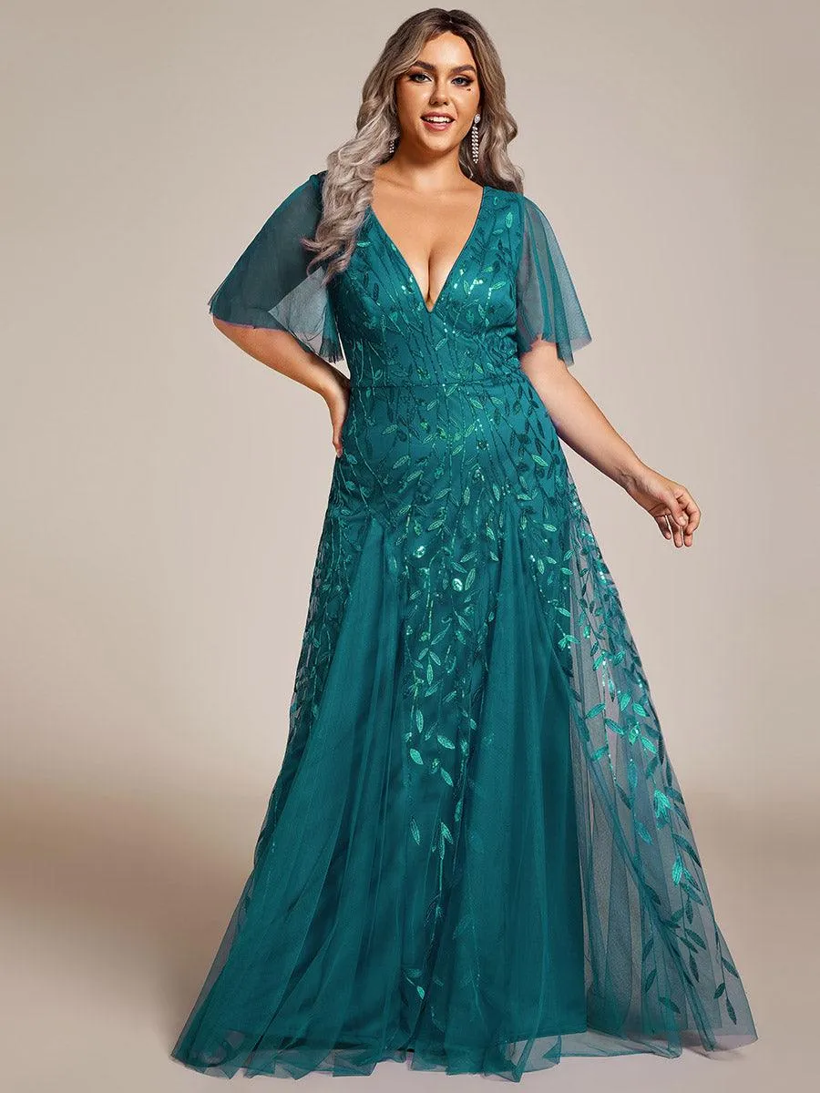 Taille personnalisée Grande Taille Robe de Soirée Romantique Scintillante à col en V et Manches à Volants