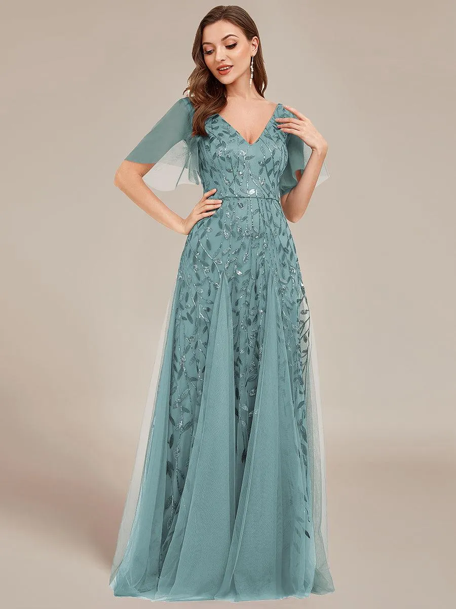Taille personnalisée Grande Taille Robe de Soirée Romantique Scintillante à col en V et Manches à Volants