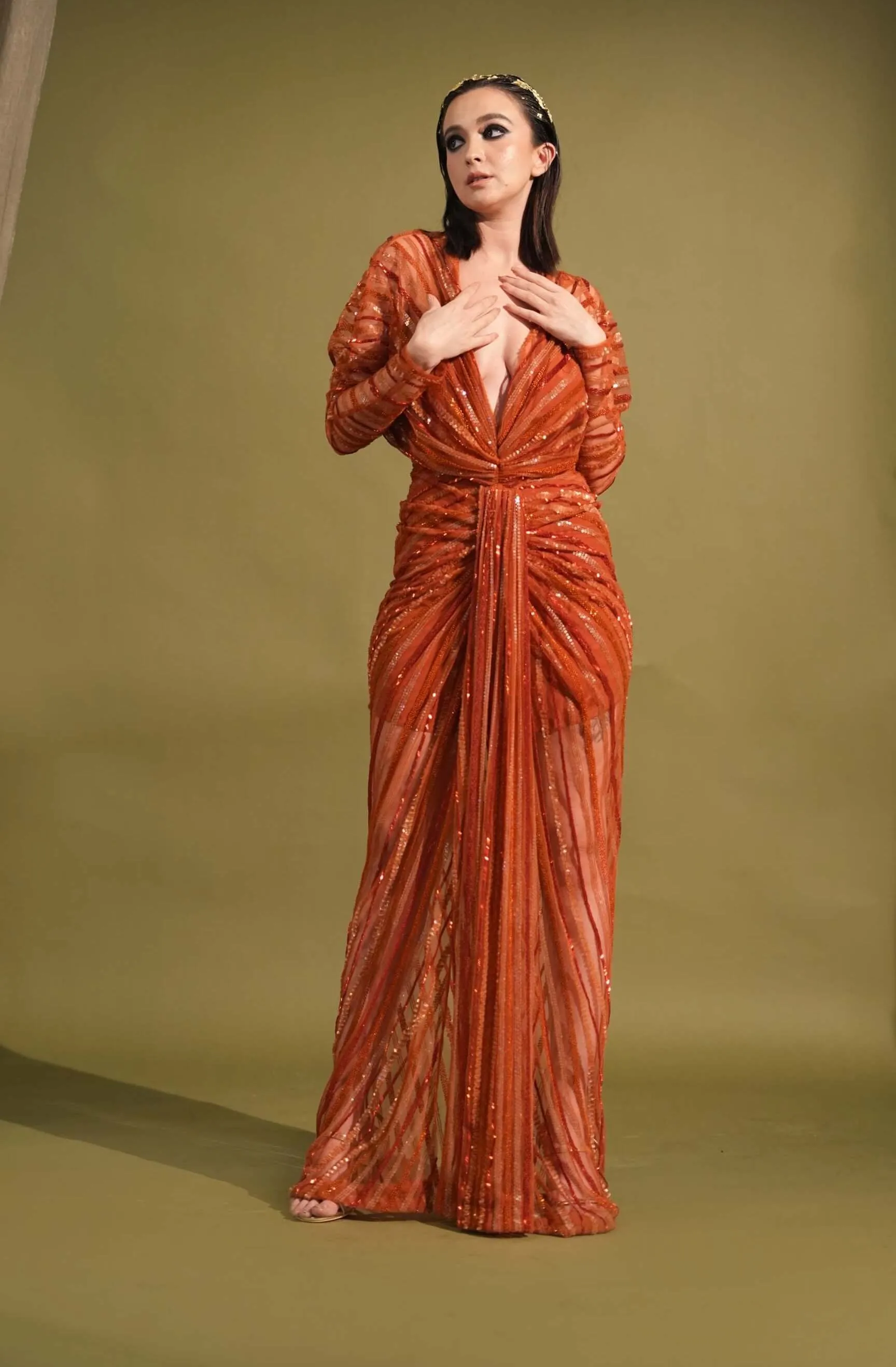 Tangerine draped embellished maxi