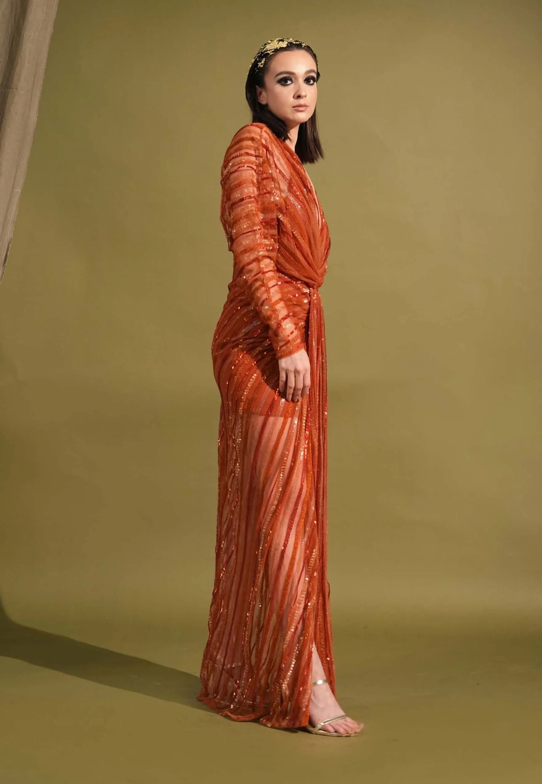 Tangerine draped embellished maxi