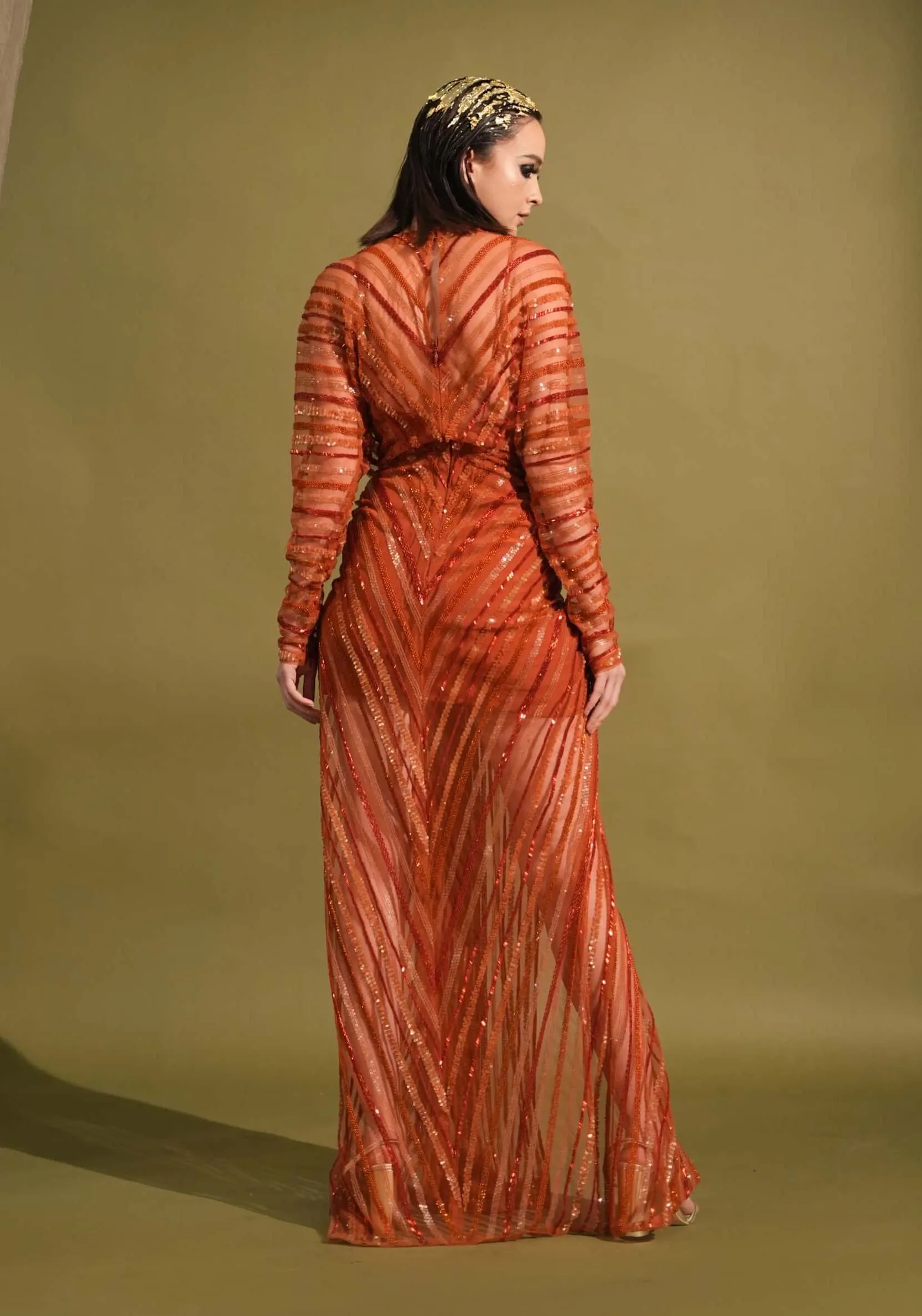 Tangerine draped embellished maxi