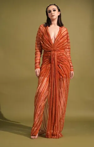 Tangerine draped embellished maxi