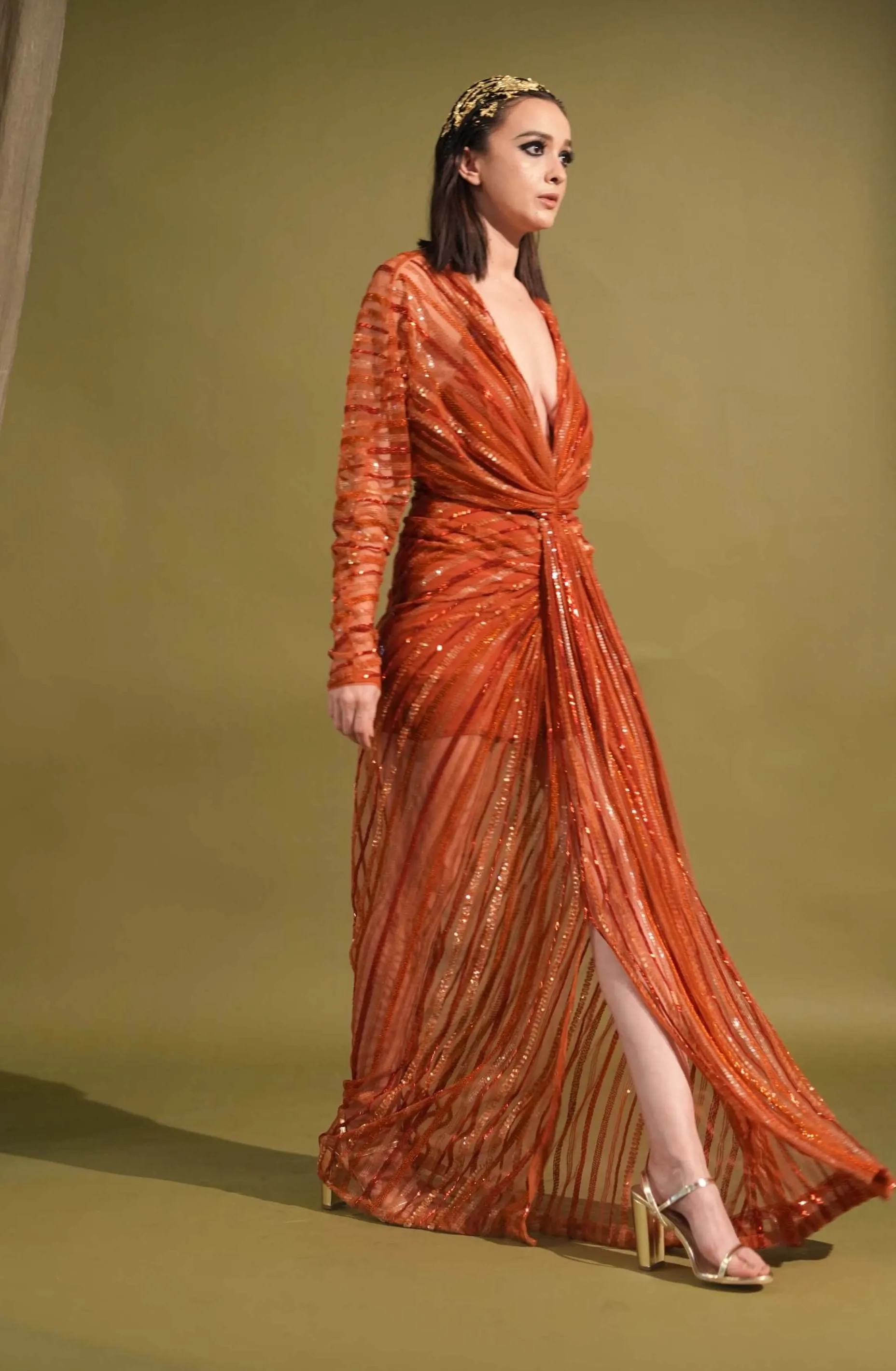 Tangerine draped embellished maxi