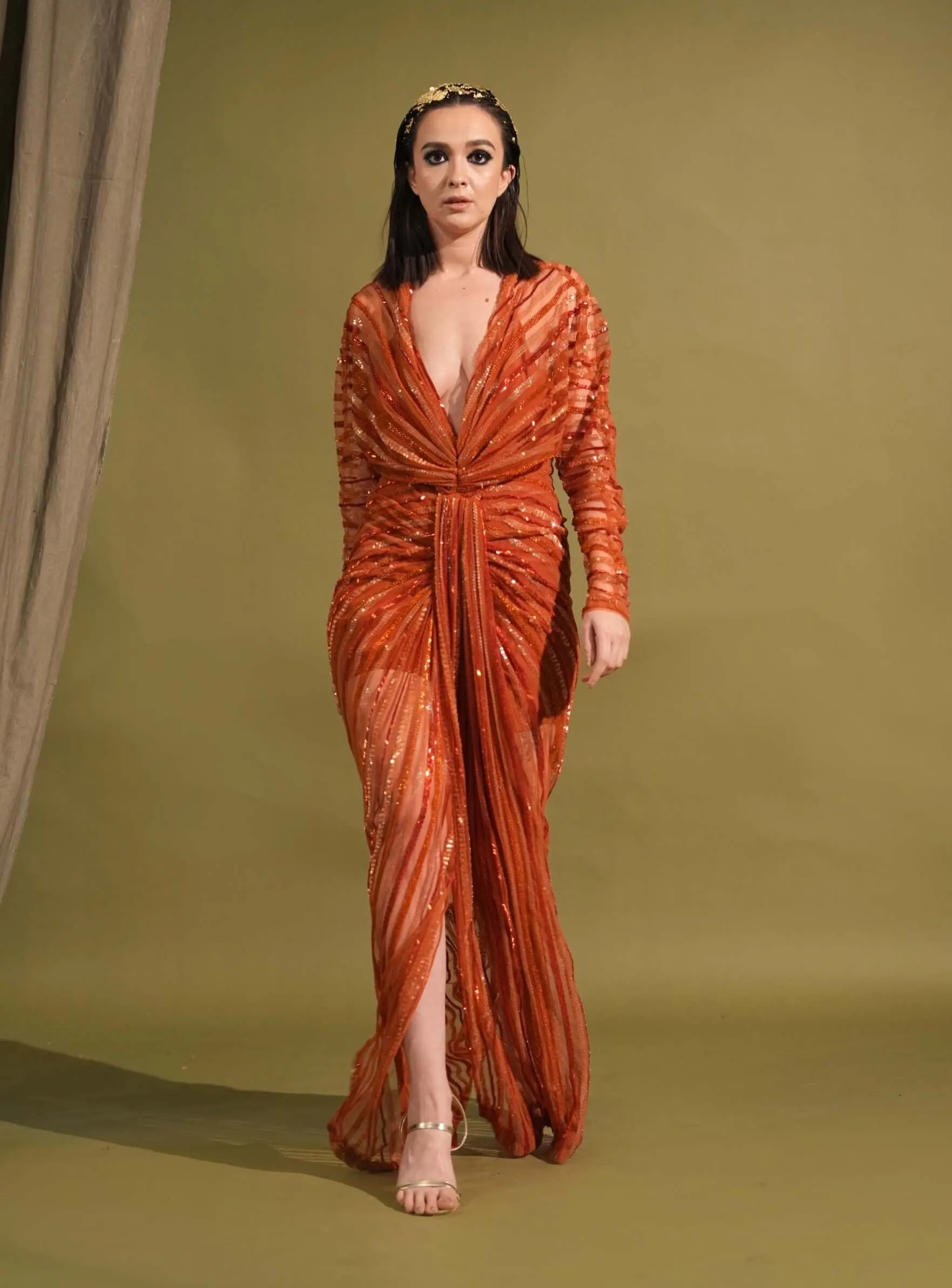 Tangerine draped embellished maxi