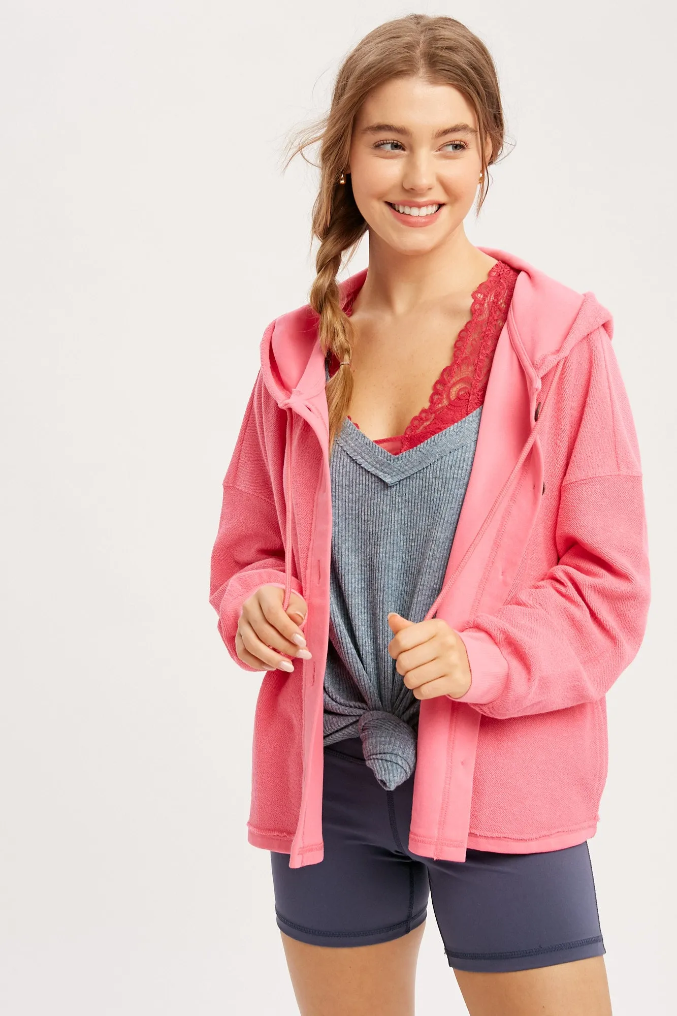 TERRY CLOTH HOODIE BUTTON DOWN JACKET