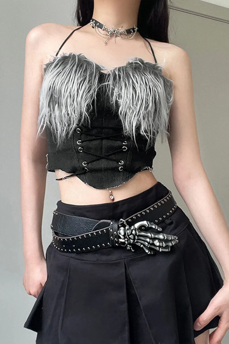 TH0127 Fur Denim Bustier Top