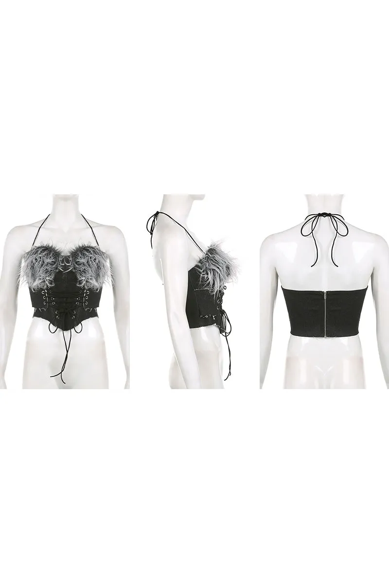 TH0127 Fur Denim Bustier Top