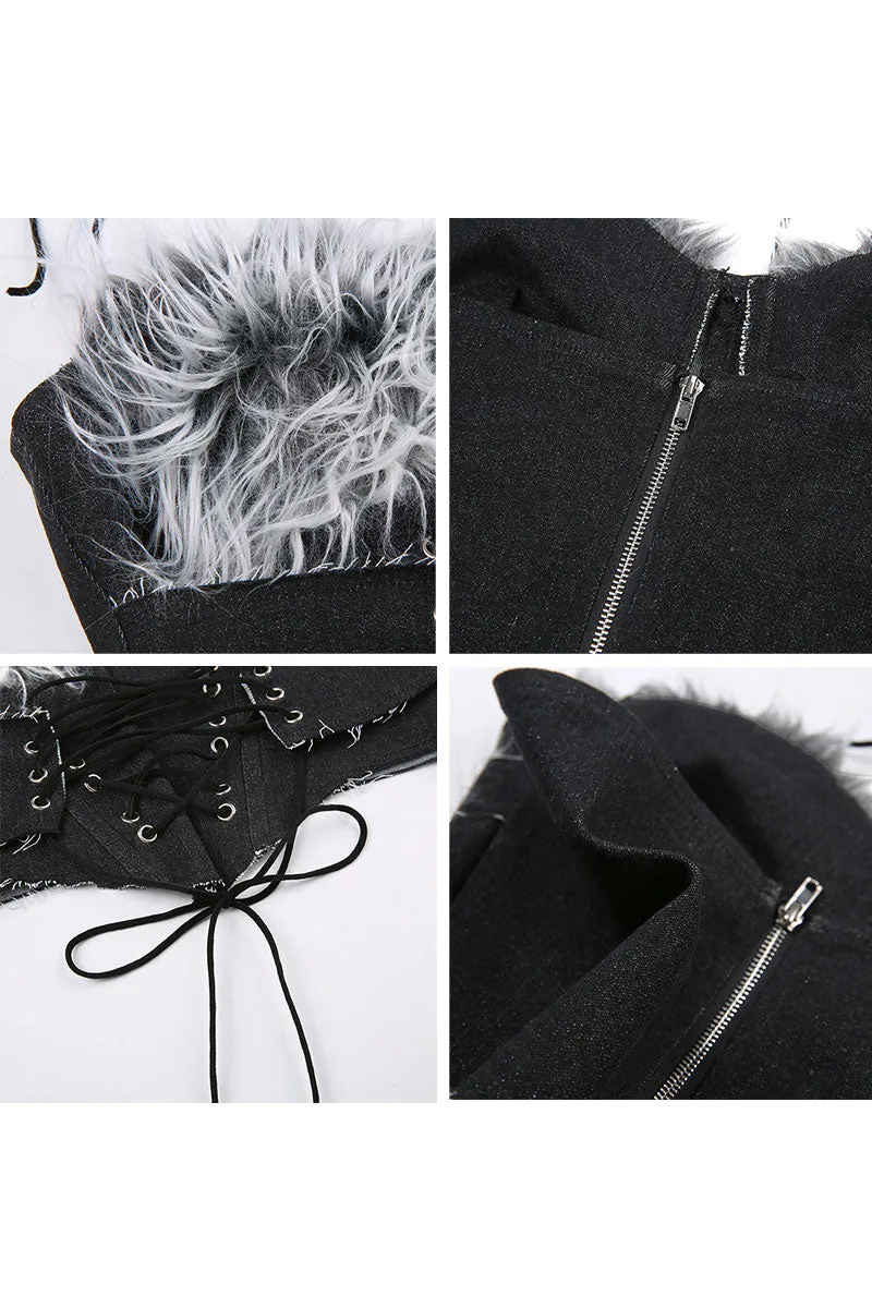TH0127 Fur Denim Bustier Top