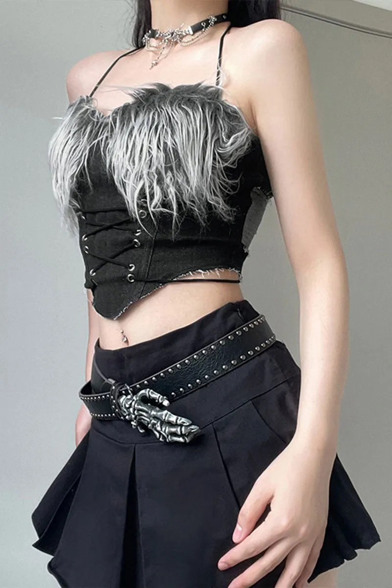 TH0127 Fur Denim Bustier Top