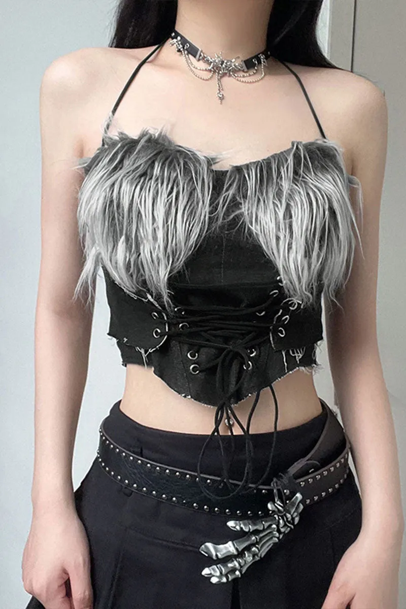 TH0127 Fur Denim Bustier Top