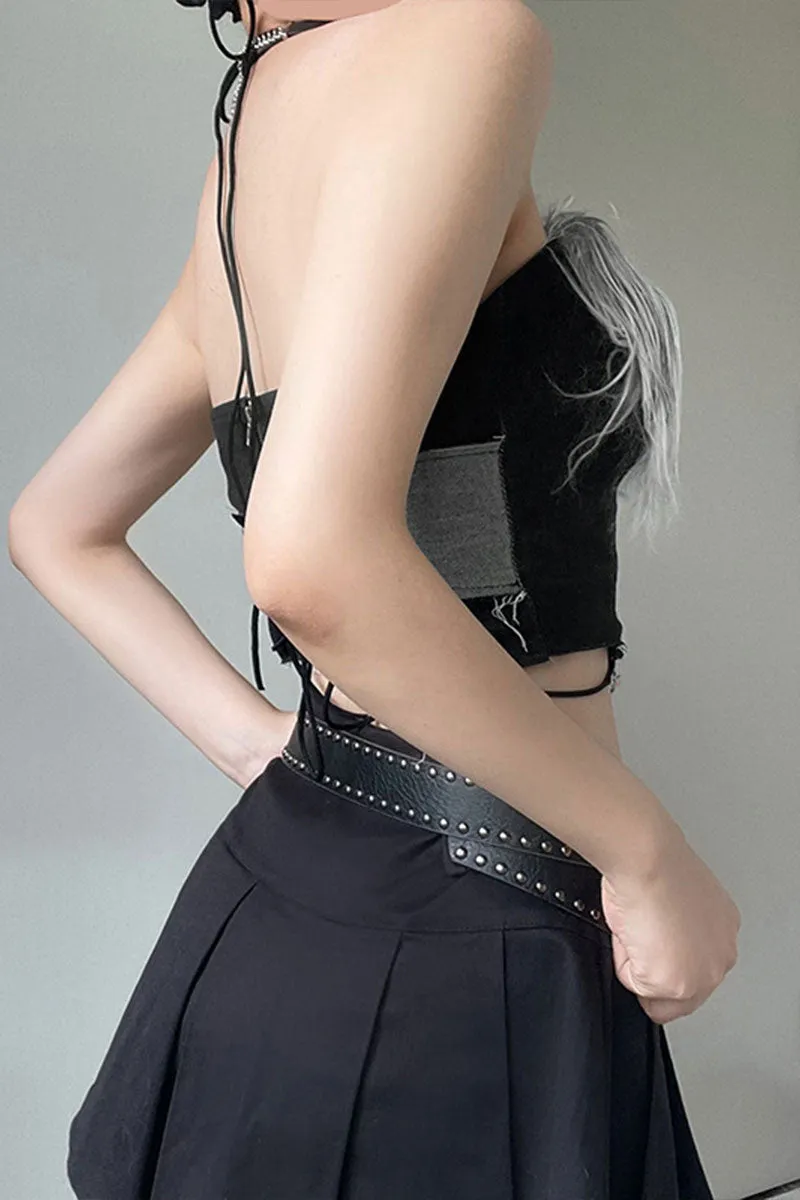 TH0127 Fur Denim Bustier Top