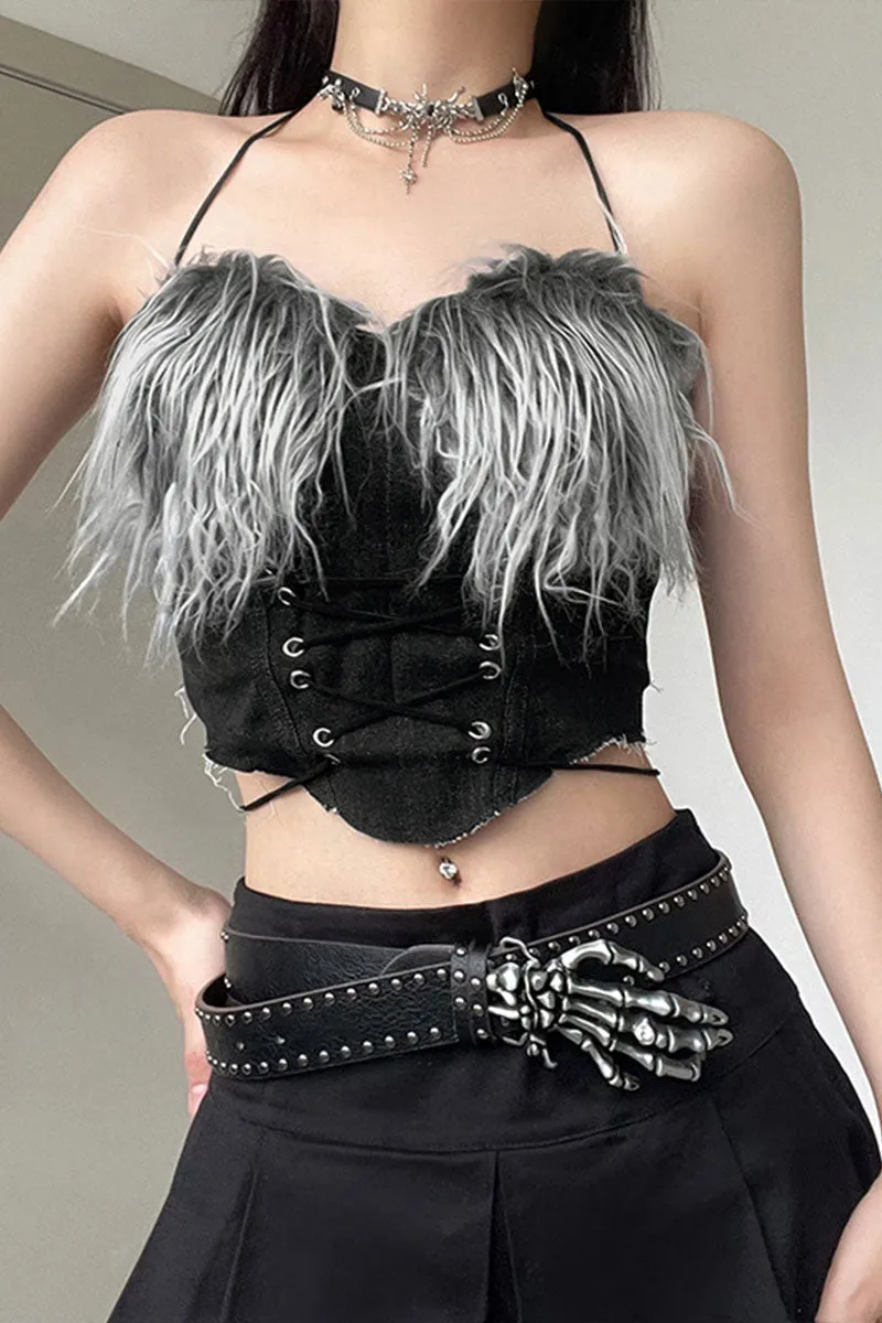 TH0127 Fur Denim Bustier Top