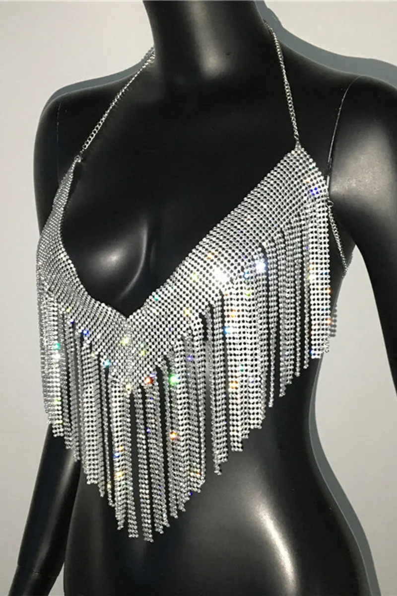 TI0482 Rhinestones Fringes Halter Top