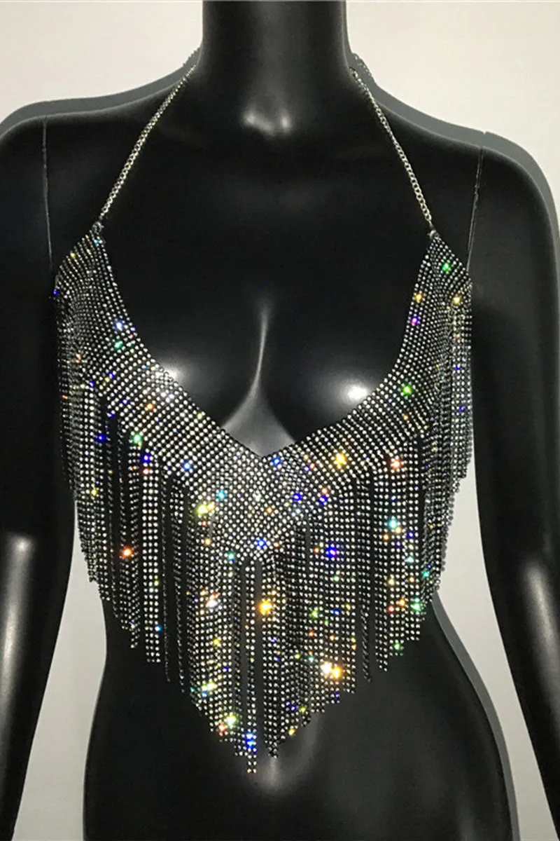 TI0482 Rhinestones Fringes Halter Top