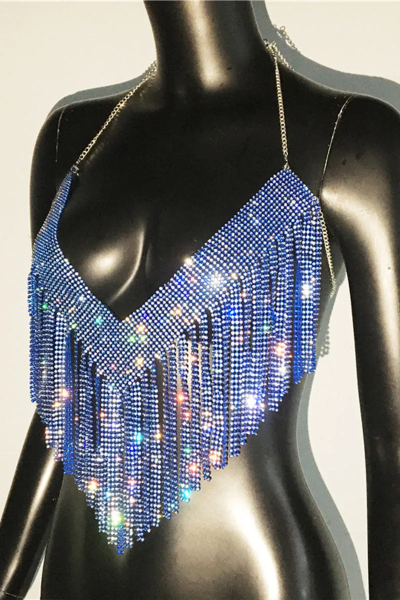 TI0482 Rhinestones Fringes Halter Top