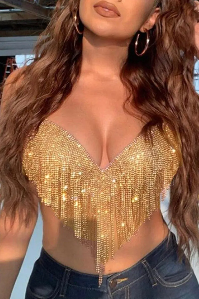 TI0482 Rhinestones Fringes Halter Top