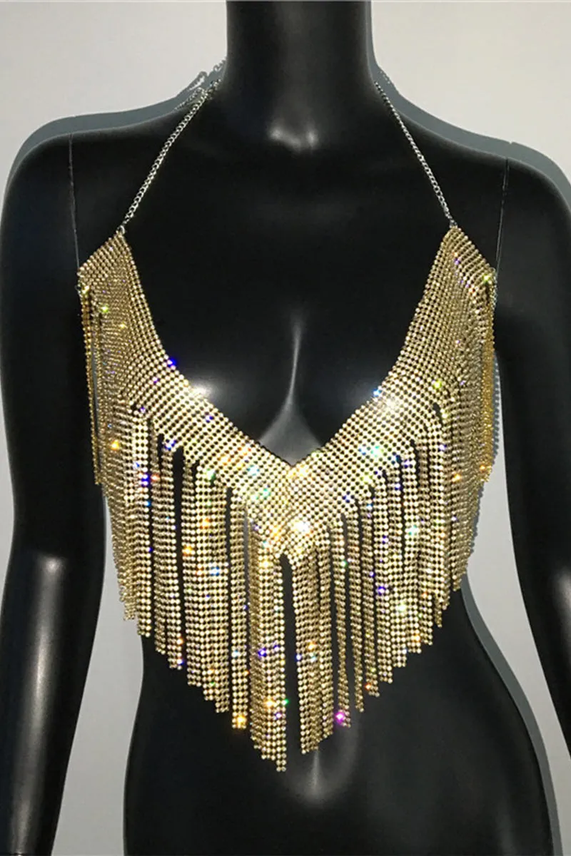 TI0482 Rhinestones Fringes Halter Top