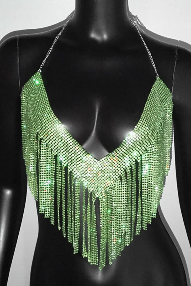 TI0482 Rhinestones Fringes Halter Top