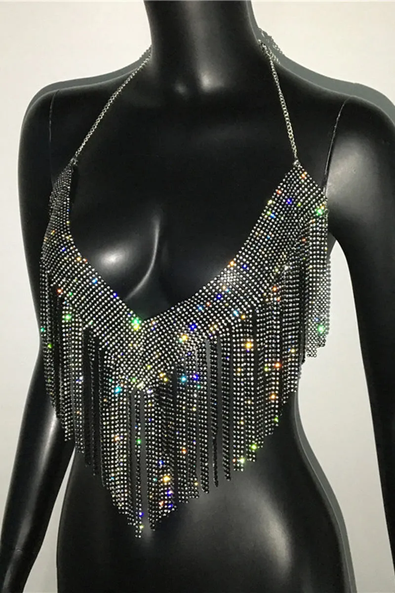 TI0482 Rhinestones Fringes Halter Top