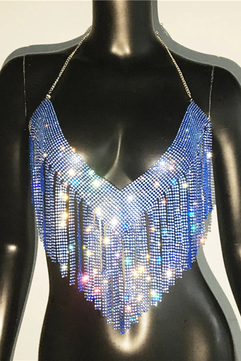 TI0482 Rhinestones Fringes Halter Top