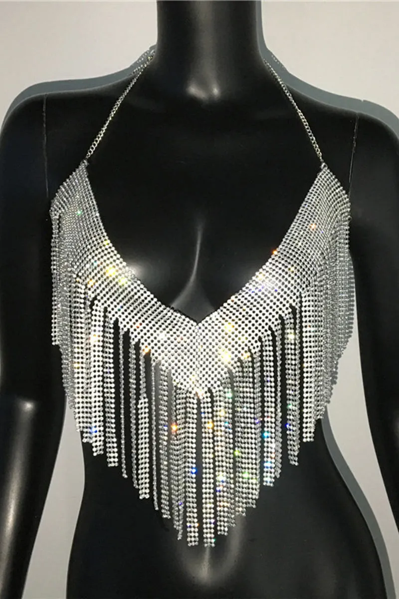 TI0482 Rhinestones Fringes Halter Top