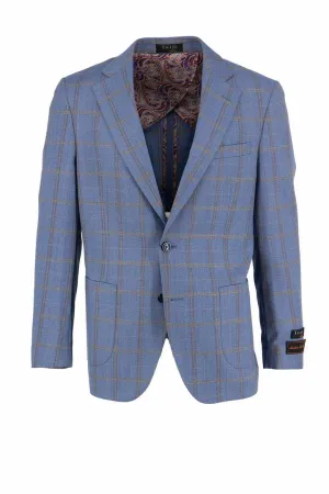 Tiglio Luxe Sky Blue with Gold and Brown Windowpane Veneto/THP Slim Fit Half Lined, Pure Wool Jacket TL4253