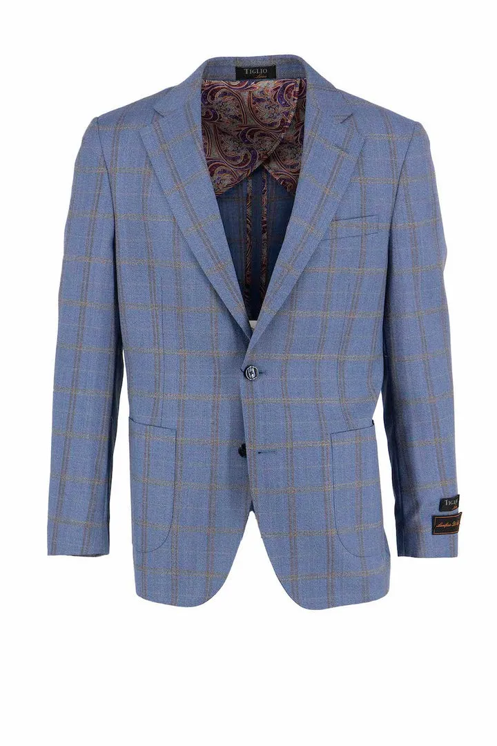 Tiglio Luxe Sky Blue with Gold and Brown Windowpane Veneto/THP Slim Fit Half Lined, Pure Wool Jacket TL4253