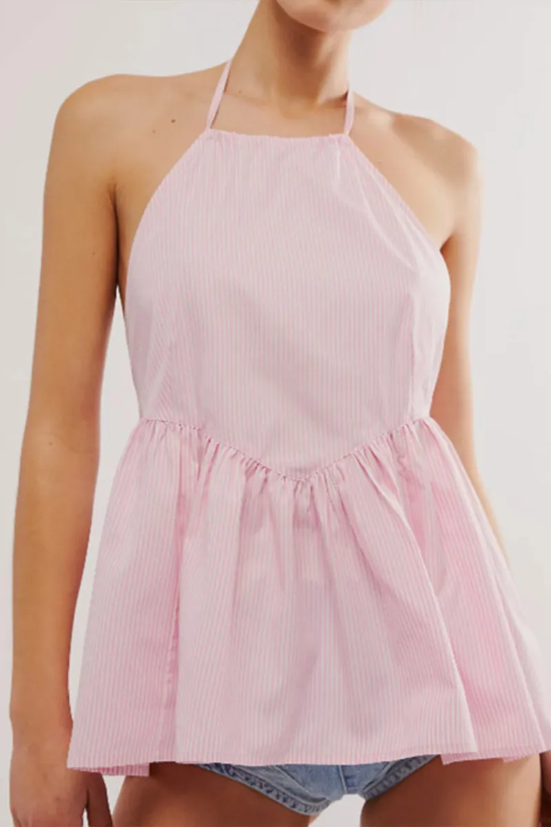 TNF4152 Sleeveless Striped Halter Neck Top