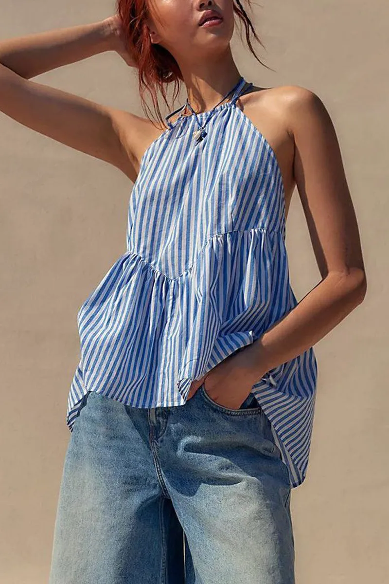 TNF4152 Sleeveless Striped Halter Neck Top
