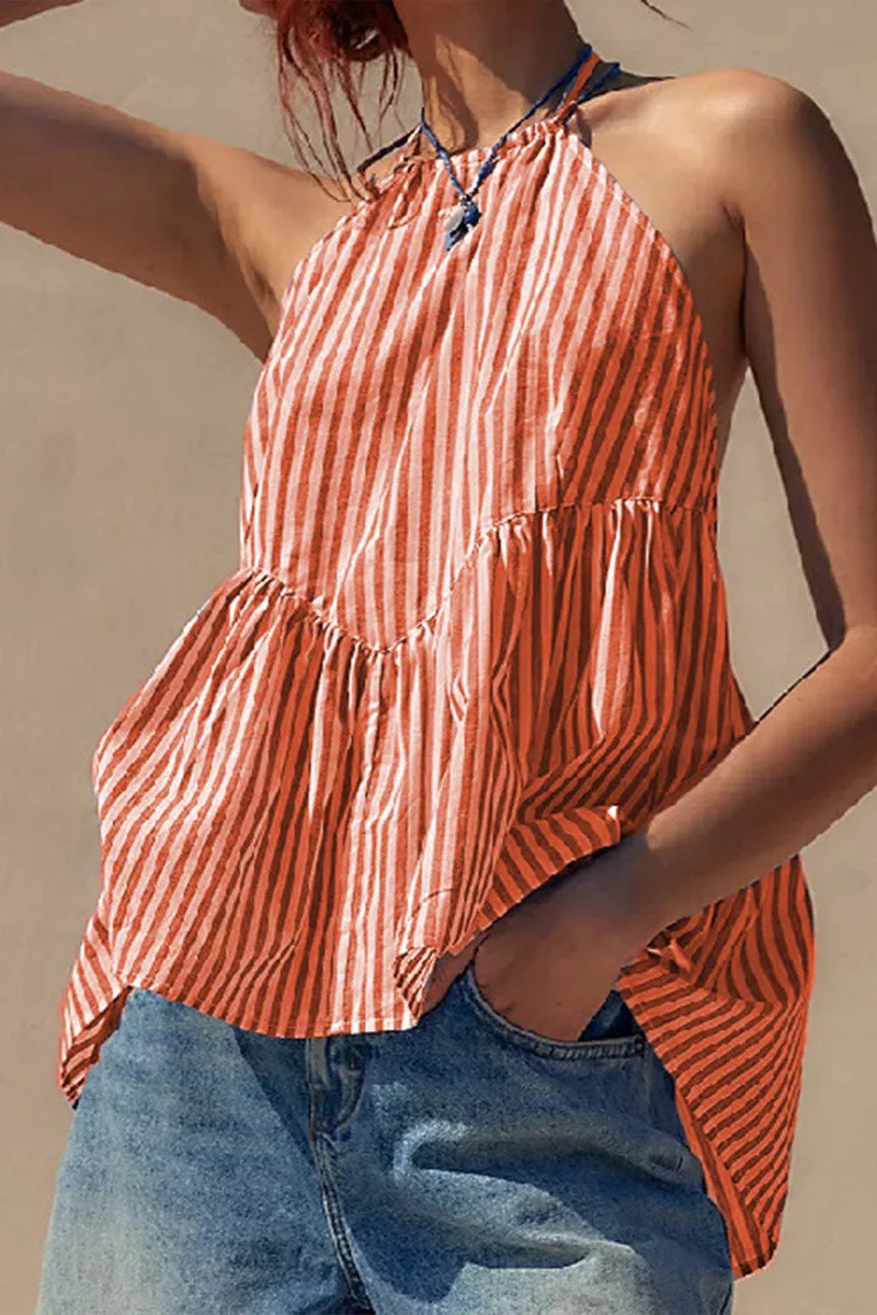 TNF4152 Sleeveless Striped Halter Neck Top