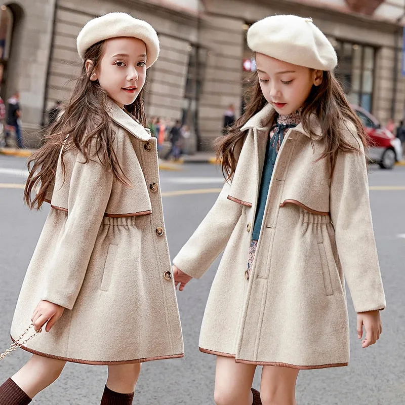 Toddler Girls Winter Wool Long Jacket Tweed Overcoat 3T-14T