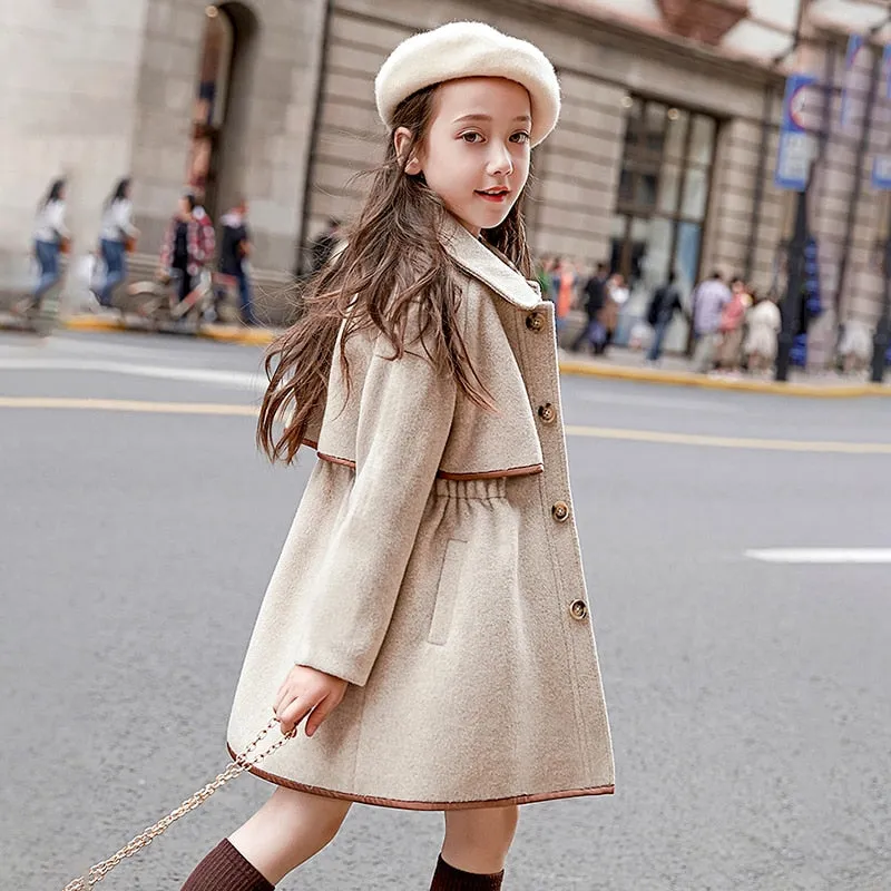 Toddler Girls Winter Wool Long Jacket Tweed Overcoat 3T-14T