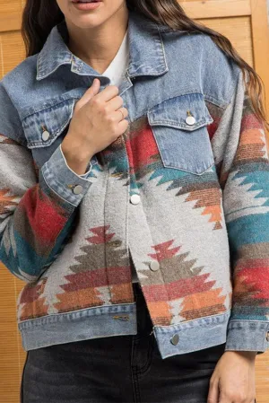 Turn Down Collar Aztec Splicing Denim Jacket Shacket
