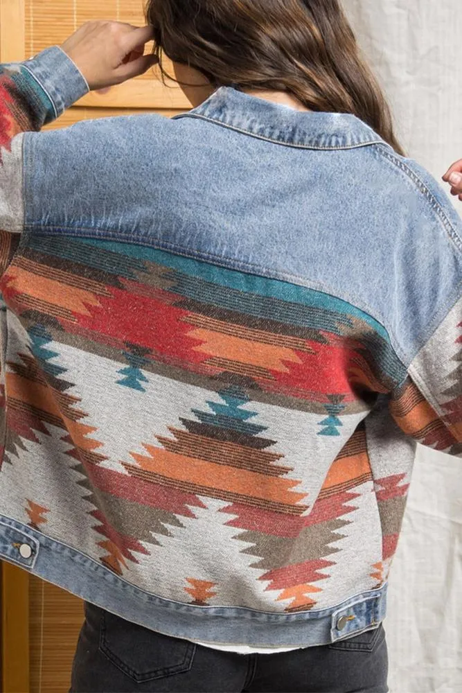 Turn Down Collar Aztec Splicing Denim Jacket Shacket
