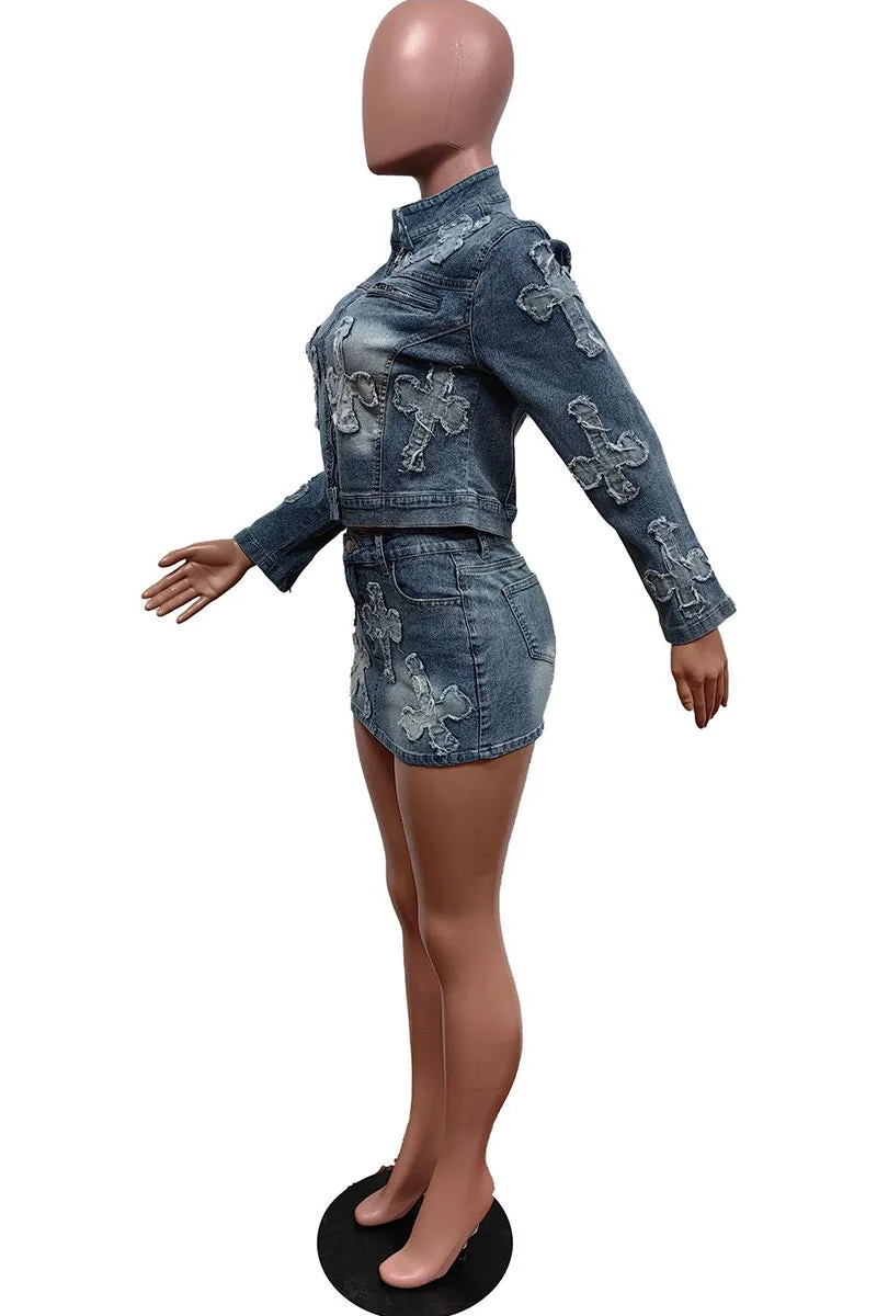UI0451 Denim Jacket and Skirt Set