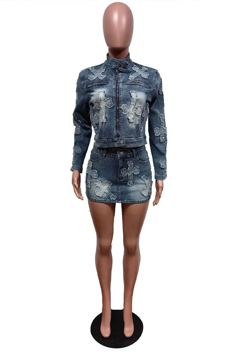 UI0451 Denim Jacket and Skirt Set