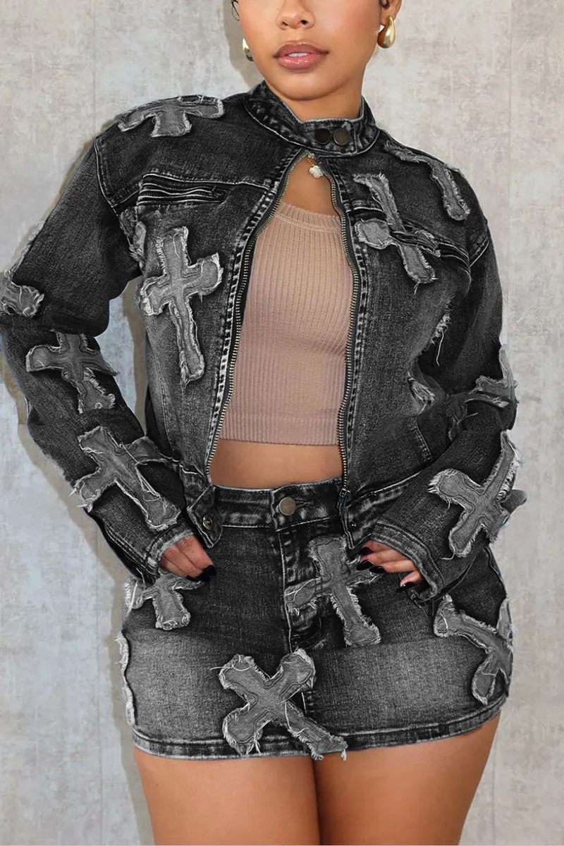UI0451 Denim Jacket and Skirt Set