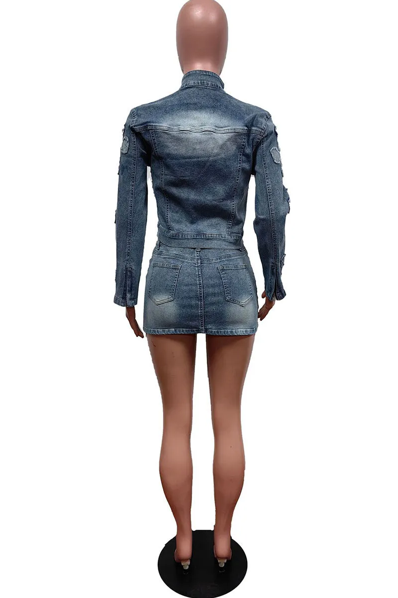 UI0451 Denim Jacket and Skirt Set