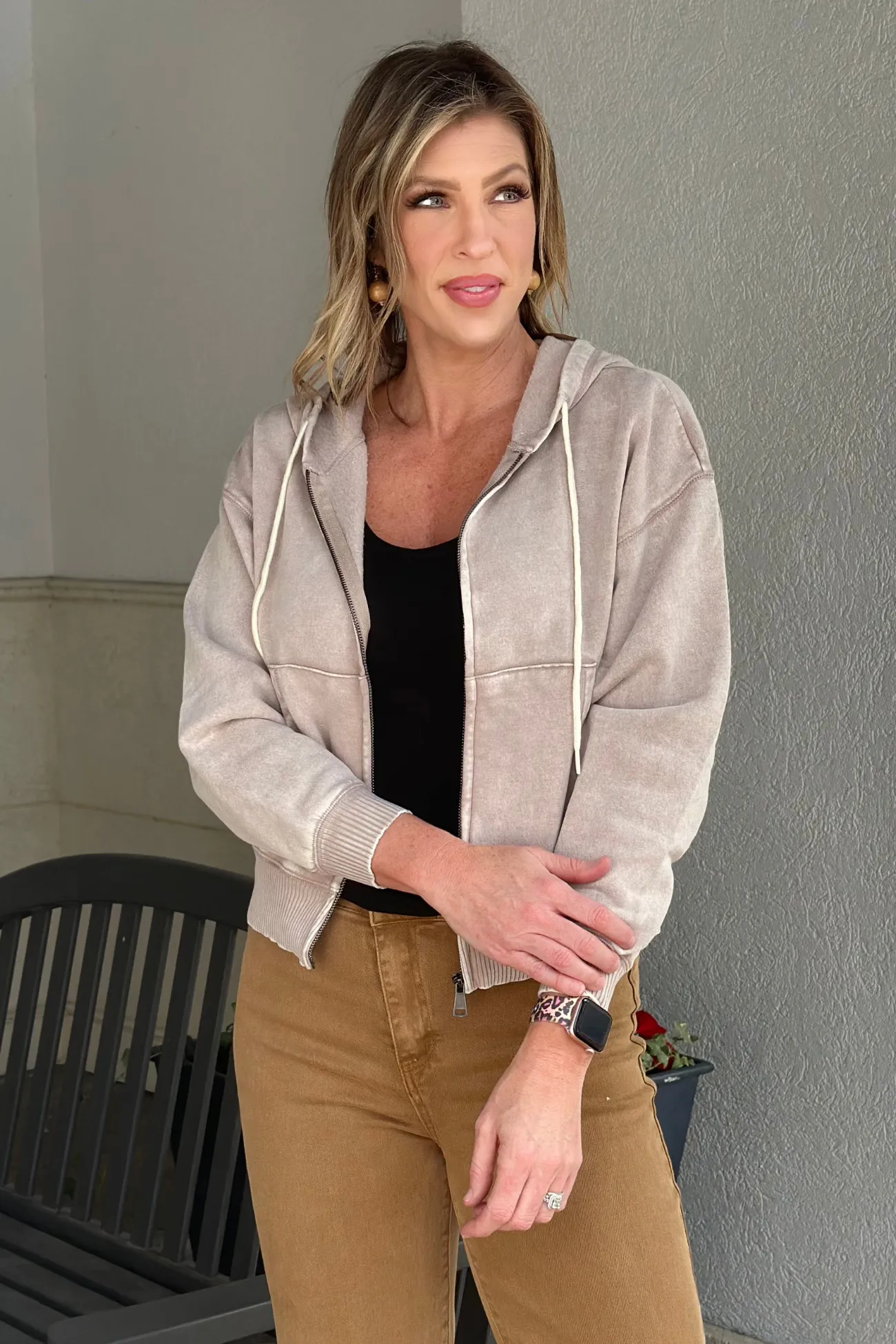 Ups And Downs Acid Wash Fleece Zip-Up Hoodie-Mocha