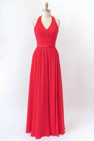 V Neck Halter Sleeveless Backless Red Chiffon Bridesmaid Dress, Belt
