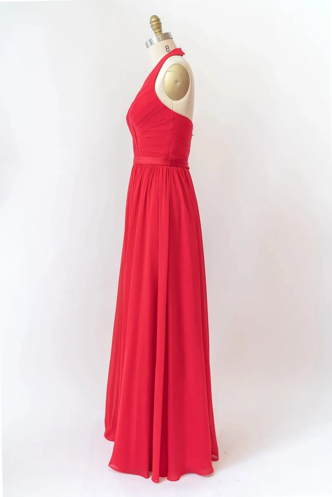 V Neck Halter Sleeveless Backless Red Chiffon Bridesmaid Dress, Belt
