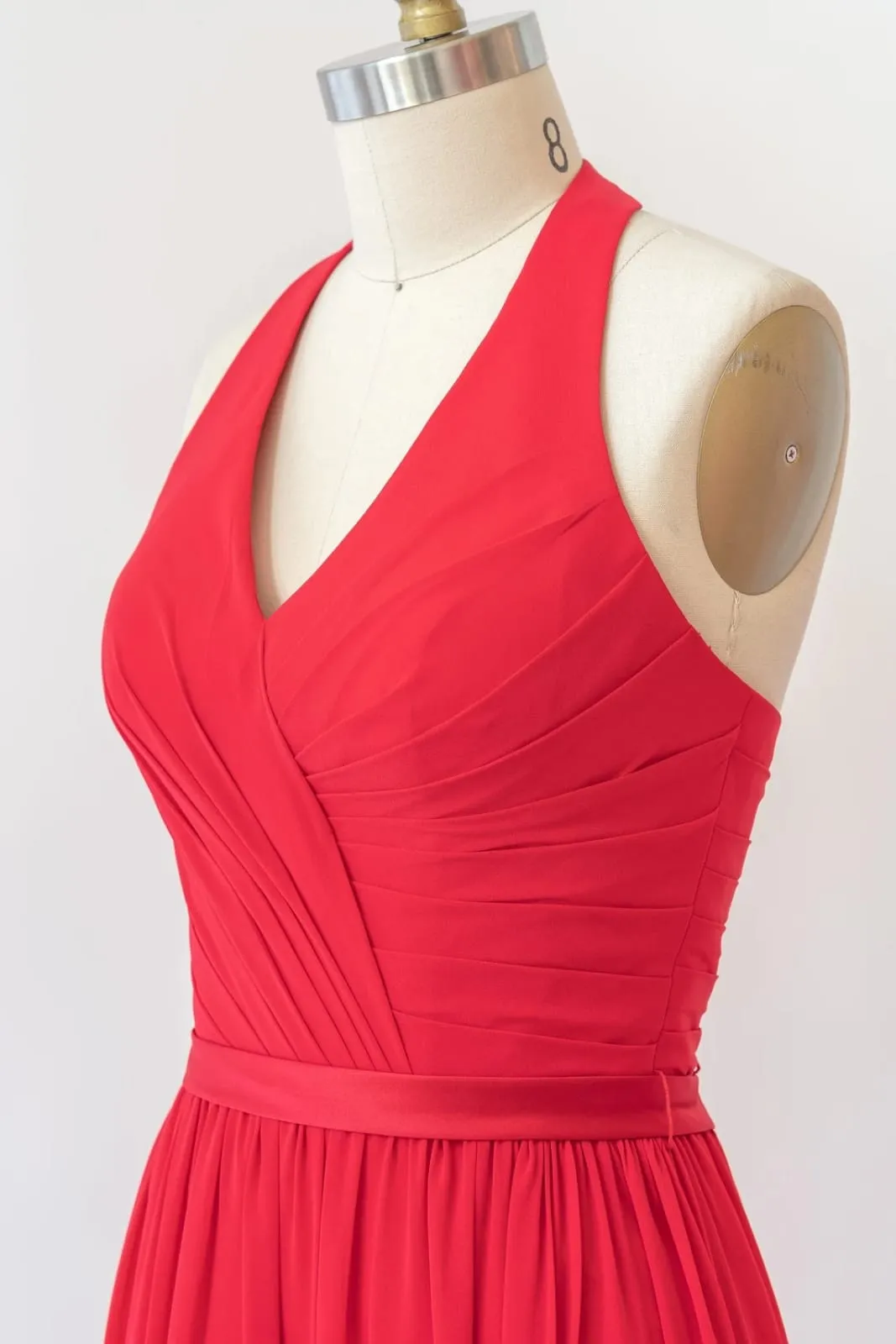 V Neck Halter Sleeveless Backless Red Chiffon Bridesmaid Dress, Belt