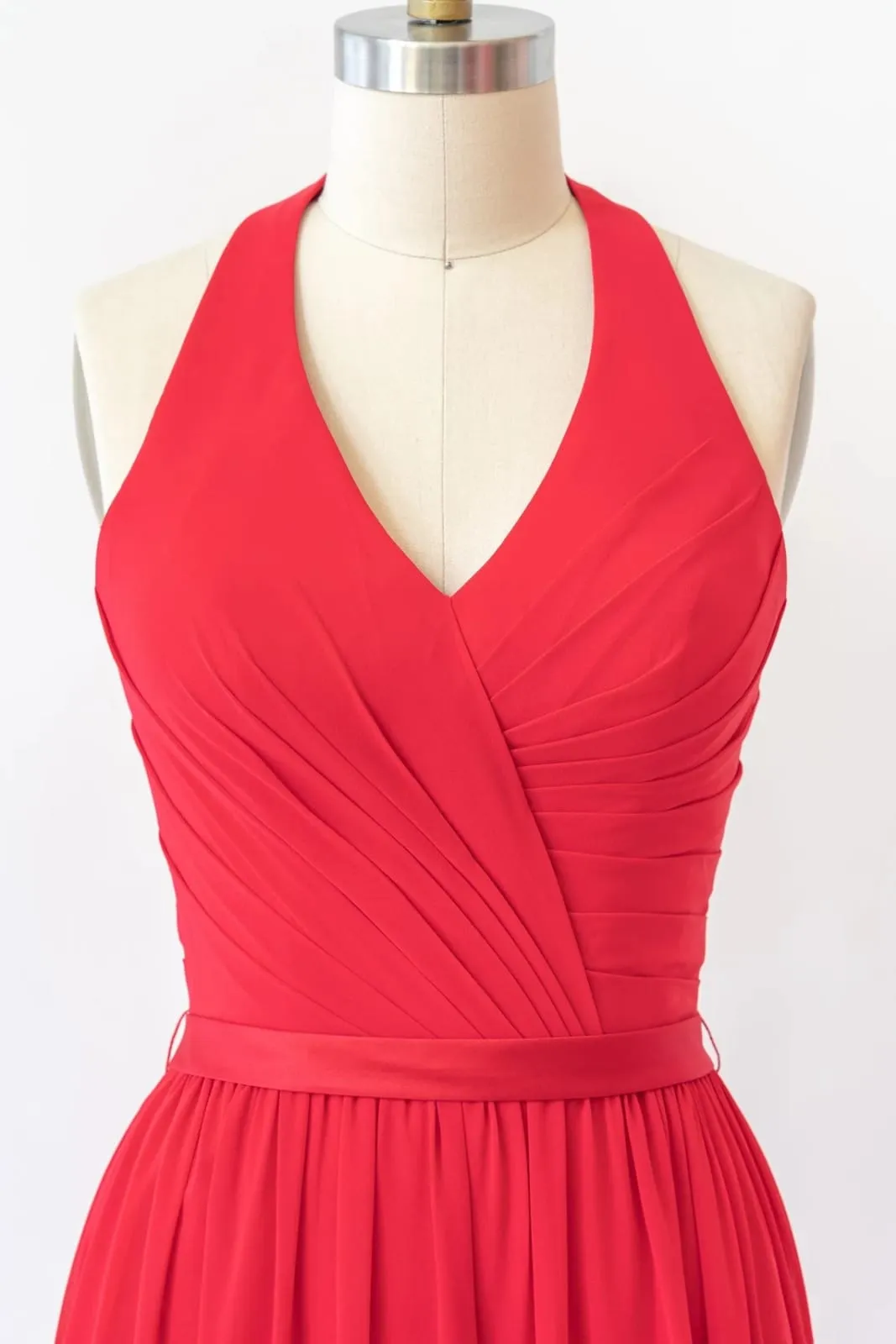 V Neck Halter Sleeveless Backless Red Chiffon Bridesmaid Dress, Belt