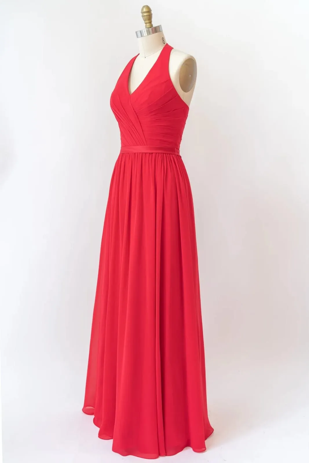 V Neck Halter Sleeveless Backless Red Chiffon Bridesmaid Dress, Belt