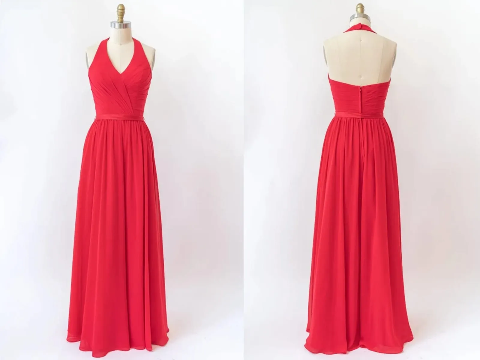 V Neck Halter Sleeveless Backless Red Chiffon Bridesmaid Dress, Belt