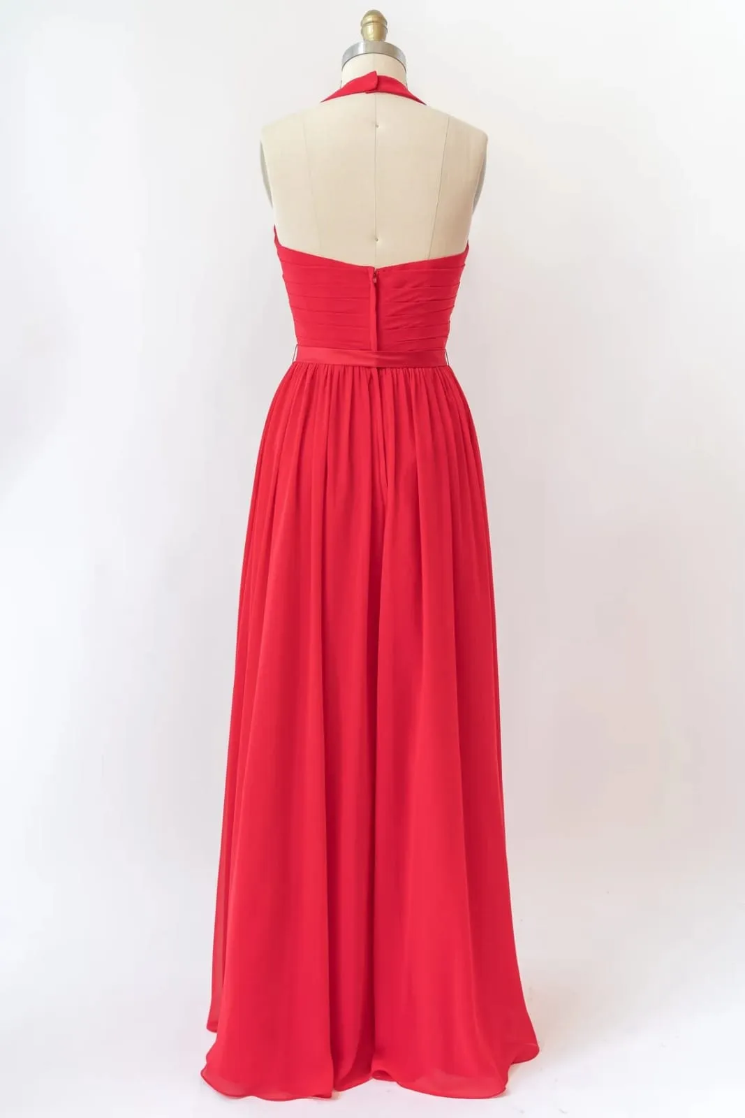 V Neck Halter Sleeveless Backless Red Chiffon Bridesmaid Dress, Belt