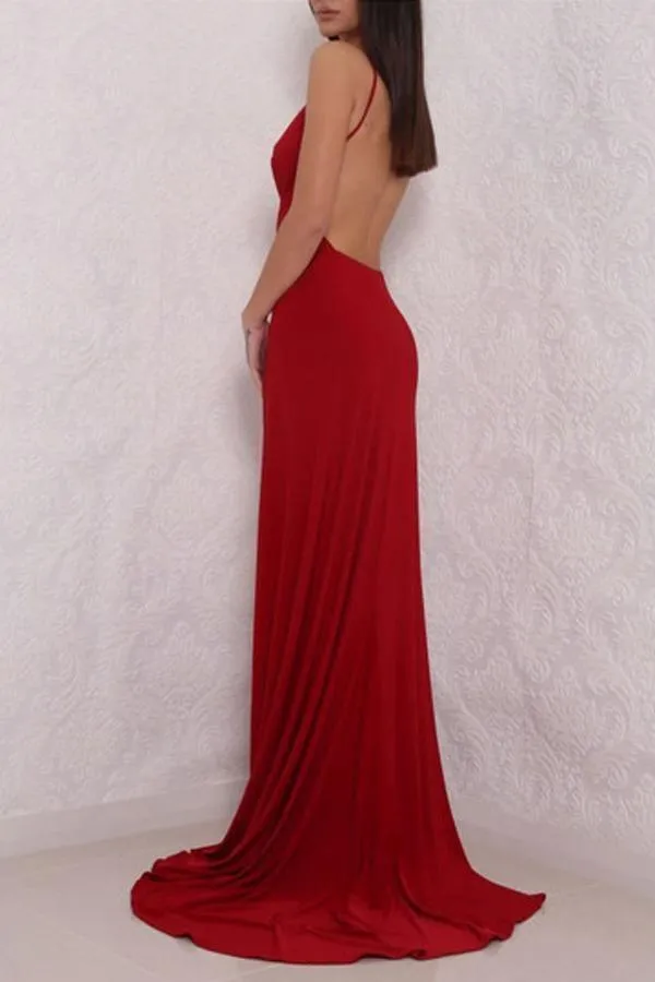 V Neck High Slit Backless Red  Chiffon Prom Dresses Evening Dresses PG466