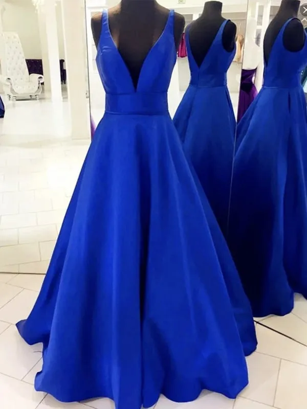 V Neck Open Back Royal Blue Long Prom, Royal Blue Formal, Evening