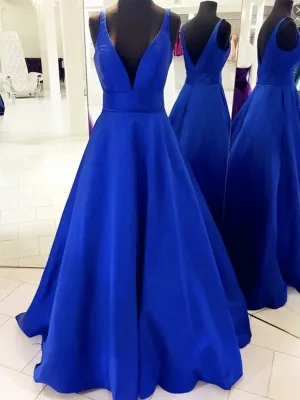 V Neck Open Back Royal Blue Long Prom, Royal Blue Formal, Evening