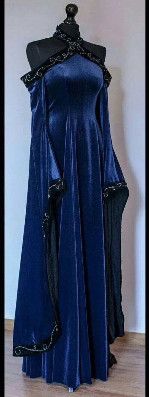 Vintage Dark Blue Halter A-Line Velvet Long Formal Prom Dress Evening Dress, DP5272